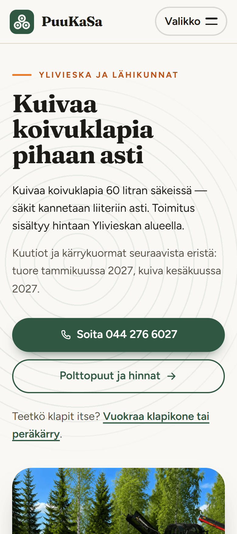 PuuKaSan kotisivu puhelimessa: otsikko, esittely ja soittopainike näkyvät heti.